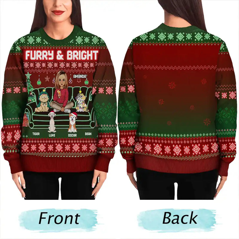 Christmas,Pet Lovers,Dog Lovers,Cat Lovers,Gift For Yourself,Happy - Happy Pawlidays Cartoon Dogs Cats Neon Christmas Light Style - Personalized Unisex Ugly Sweater