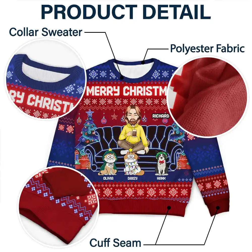 Christmas,Pet Lovers,Dog Lovers,Cat Lovers,Gift For Yourself,Happy - Happy Pawlidays Cartoon Dogs Cats Neon Christmas Light Style - Personalized Unisex Ugly Sweater