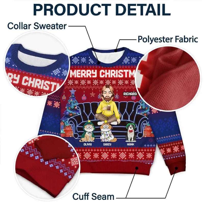 Christmas,Pet Lovers,Dog Lovers,Cat Lovers,Gift For Yourself,Happy - Happy Pawlidays Cartoon Dogs Cats Neon Christmas Light Style - Personalized Unisex Ugly Sweater