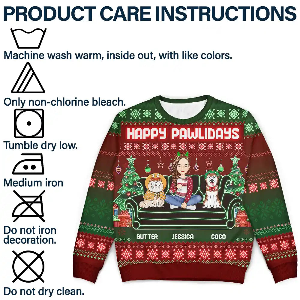 Christmas,Pet Lovers,Dog Lovers,Cat Lovers,Gift For Yourself,Happy - Happy Pawlidays Cartoon Dogs Cats Neon Christmas Light Style - Personalized Unisex Ugly Sweater