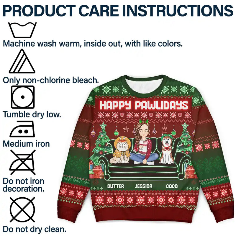 Christmas,Pet Lovers,Dog Lovers,Cat Lovers,Gift For Yourself,Happy - Happy Pawlidays Cartoon Dogs Cats Neon Christmas Light Style - Personalized Unisex Ugly Sweater