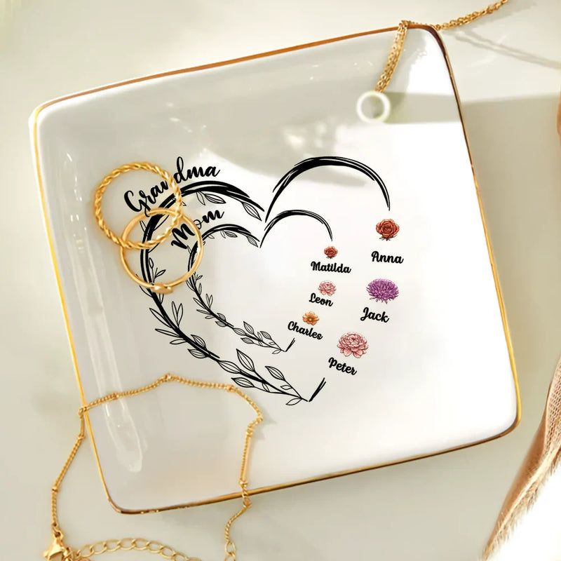 Gift For Grandma, Gift For Mother, Gift For Women - Mom Grandma Sweethearts Birth Month Flowers - Personalized Ring Dish
