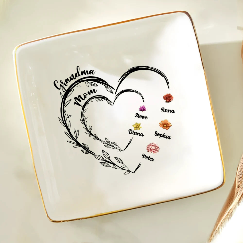 Gift For Grandma, Gift For Mother, Gift For Women - Mom Grandma Sweethearts Birth Month Flowers - Personalized Ring Dish