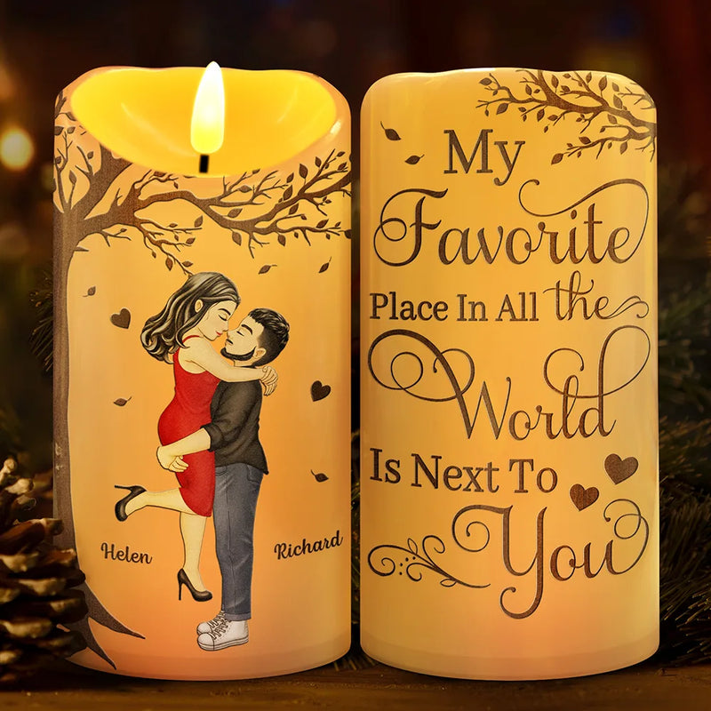 Gift For Couples, Gift For Husband, Gift For Wife, Gift For Boyfriend, Gift For Girlfriend - My Favorite Place In All The World Couple - Personalized Flameless LED Candle