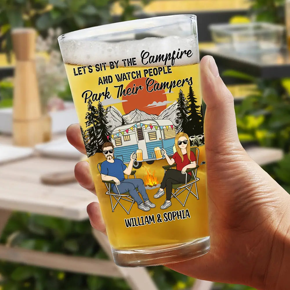 Camping, Campsite - Let's Sit By The Campfire Camping - Personalized Beer Glass