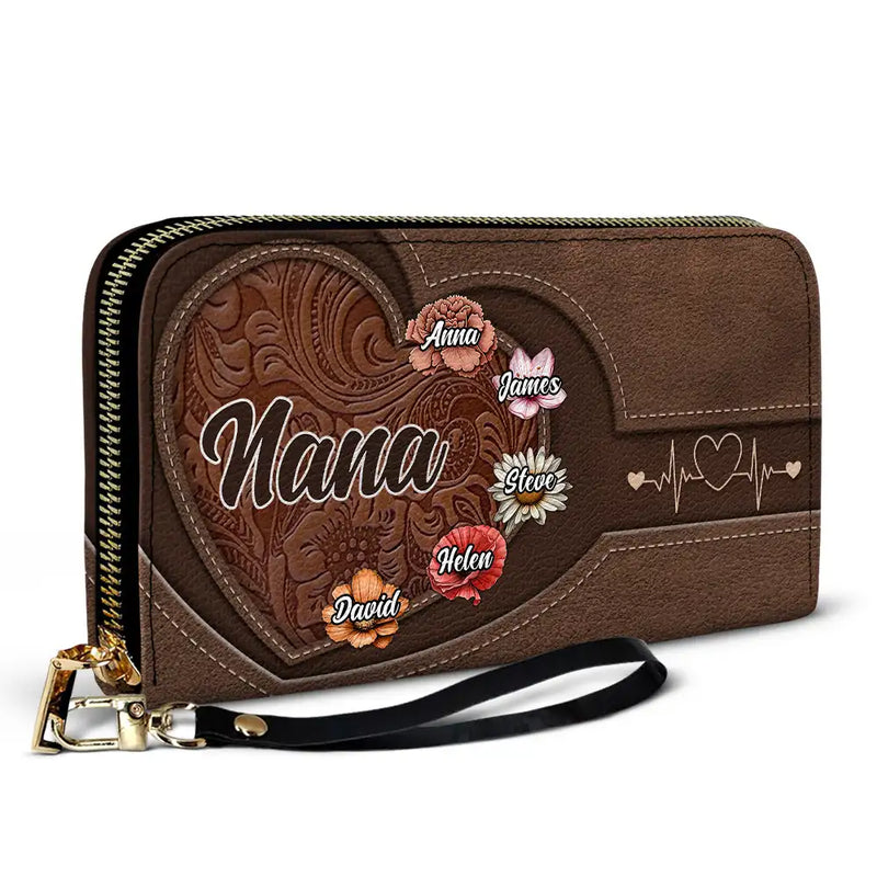 Gift For Grandma,Gift For Mother,Gift For Women,Happy - Grandma Mom Kids Birth Flowers Blooming In Love - Personalized Leather Long Wallet