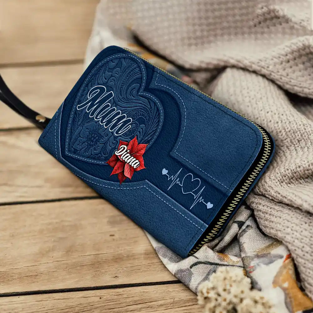 Gift For Grandma,Gift For Mother,Gift For Women,Happy - Grandma Mom Kids Birth Flowers Blooming In Love - Personalized Leather Long Wallet