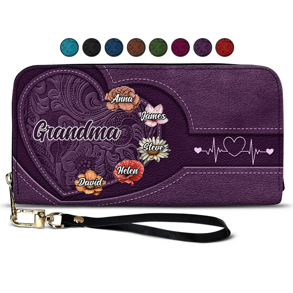 Grandma Mom Kids Birth Flowers Blooming In Love - Personalized Leather Long Wallet