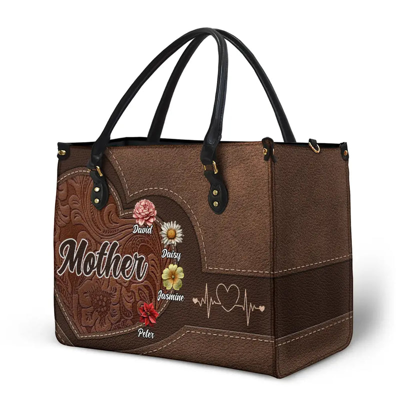 Gift For Grandma,Gift For Mother,Gift For Women,Happy - Grandma Mom Kids Birth Flowers Blooming In Love - Personalized Leather Bag