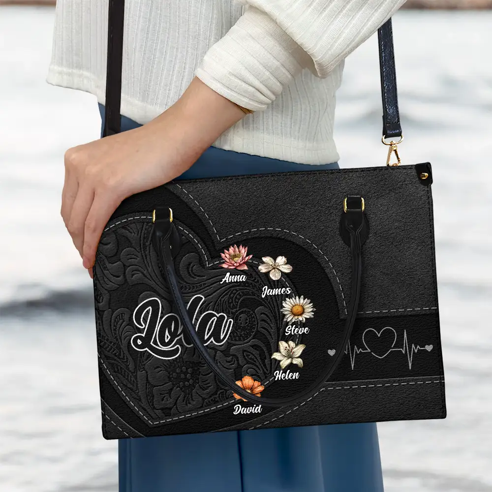 Gift For Grandma,Gift For Mother,Gift For Women,Happy - Grandma Mom Kids Birth Flowers Blooming In Love - Personalized Leather Bag