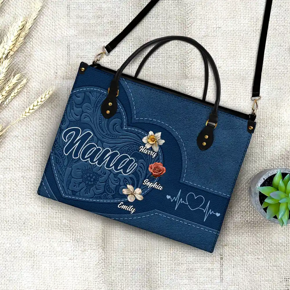Gift For Grandma,Gift For Mother,Gift For Women,Happy - Grandma Mom Kids Birth Flowers Blooming In Love - Personalized Leather Bag