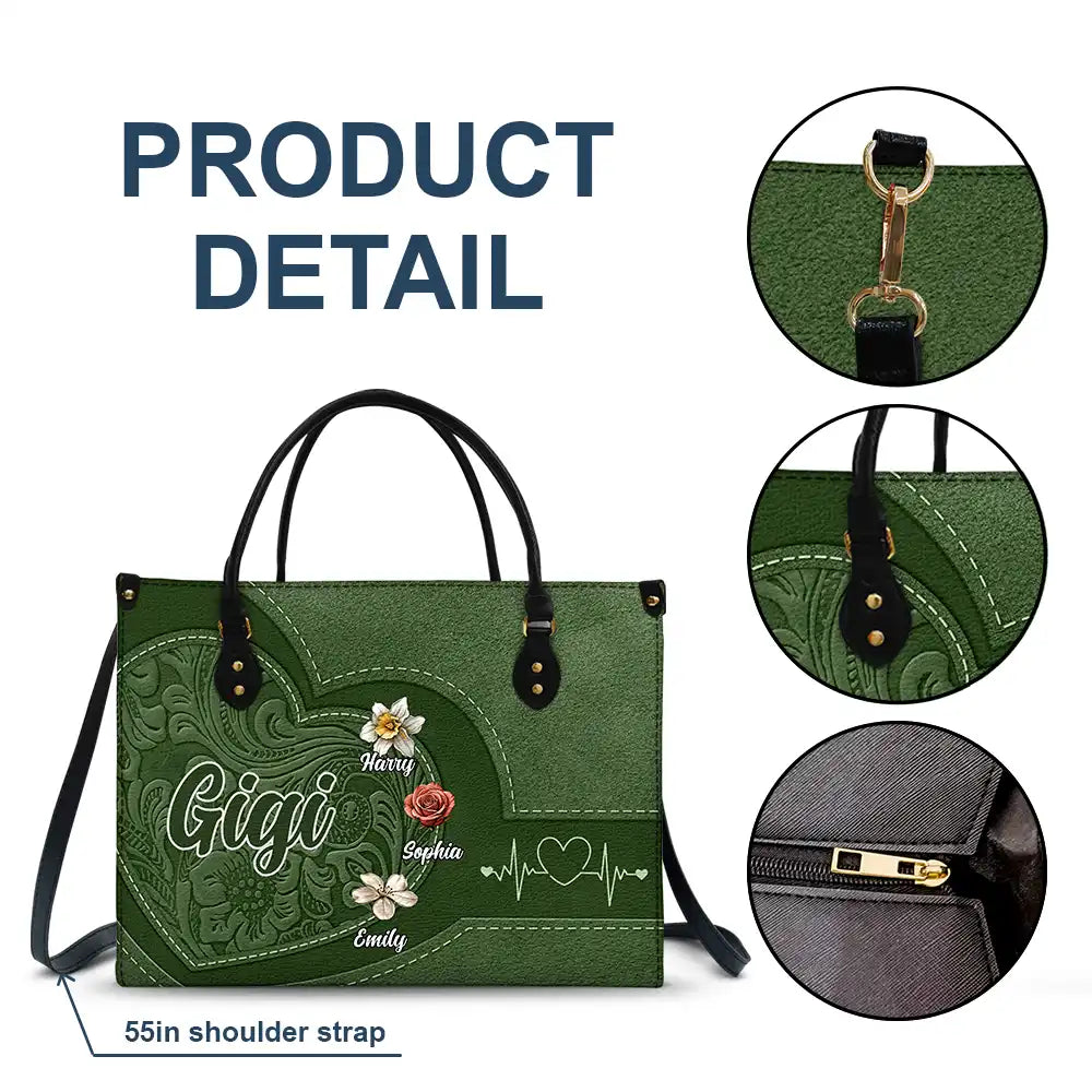 Gift For Grandma,Gift For Mother,Gift For Women,Happy - Grandma Mom Kids Birth Flowers Blooming In Love - Personalized Leather Bag