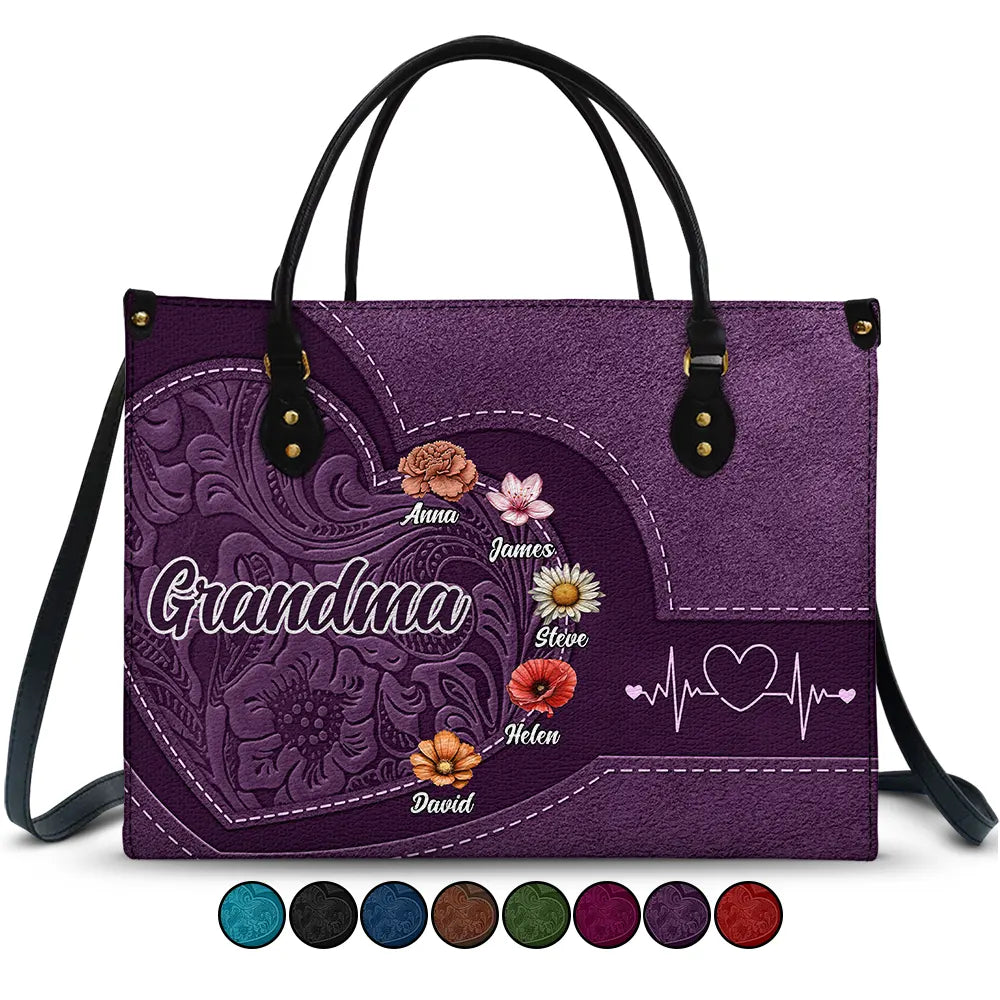 Gift For Grandma,Gift For Mother,Gift For Women,Happy - Grandma Mom Kids Birth Flowers Blooming In Love - Personalized Leather Bag