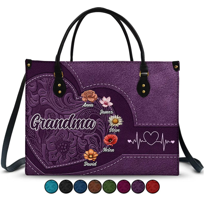 Gift For Grandma,Gift For Mother,Gift For Women,Happy - Grandma Mom Kids Birth Flowers Blooming In Love - Personalized Leather Bag