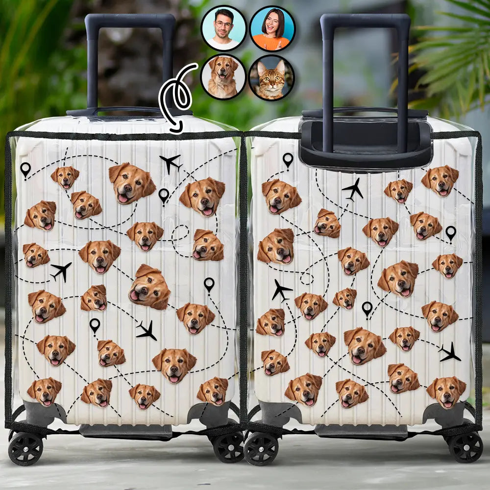 Travel,Custom Photo,Pet Lovers,Dog Lovers,Cat Lovers,Gift For Yourself - Custom Photo Funny Family Dog Cat Pet Face - Personalized Clear Luggage Cover