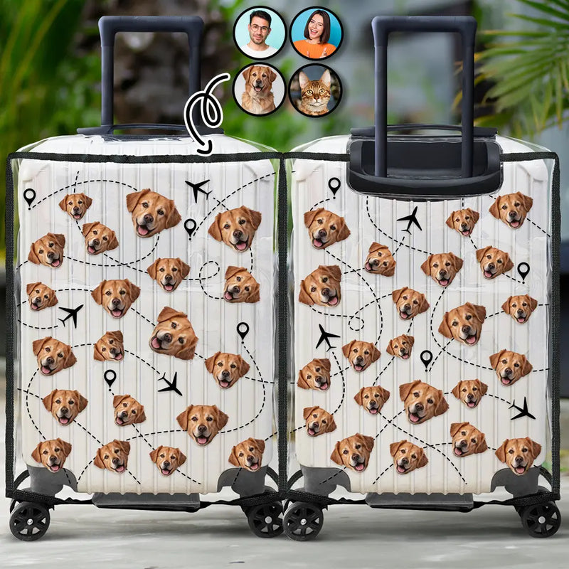 Travel,Custom Photo,Pet Lovers,Dog Lovers,Cat Lovers,Gift For Yourself - Custom Photo Funny Family Dog Cat Pet Face - Personalized Clear Luggage Cover