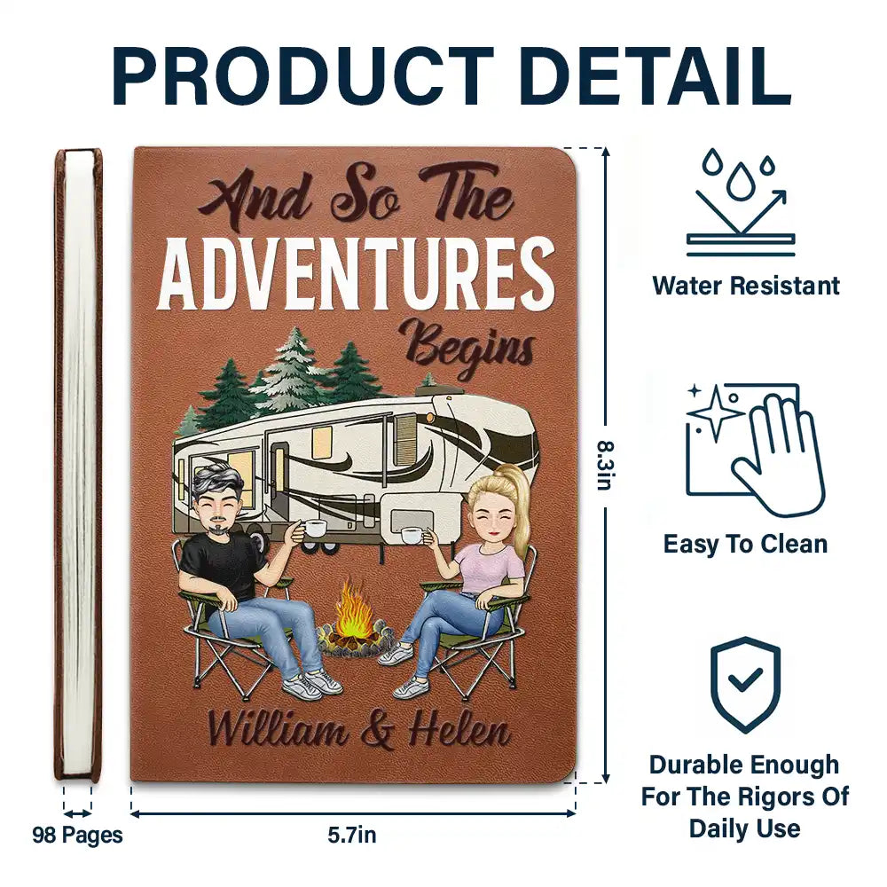 Gift For Husband,Gift For Couples,Gift For Wife,Gift For Boyfriend,Gift For Girlfriend,Camping,Campsite,Happy - The Adventure Book Cartoon Couple Camping - Personalized Leather Journal
