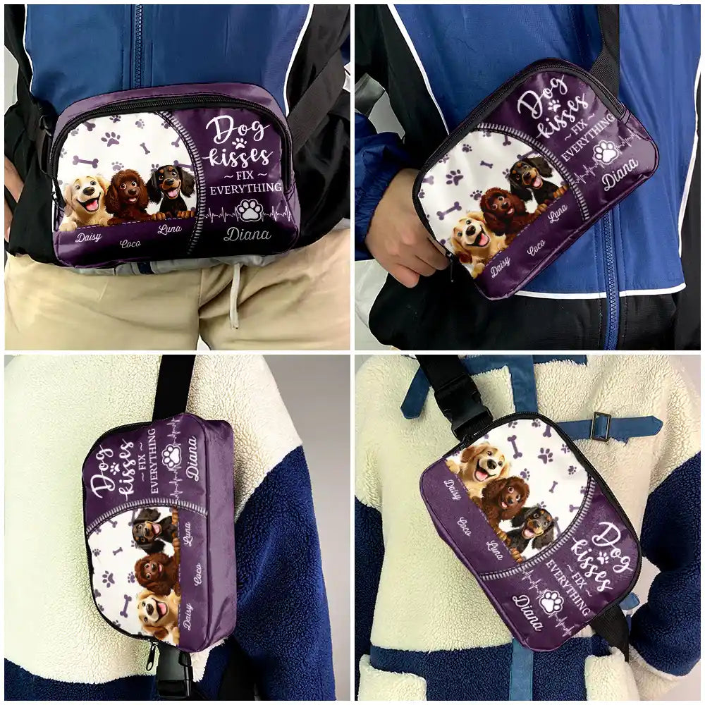 Travel,Dog Lovers,Dog Mom,Dog Dad,Happy - Dog Kisses Fix Everything - Personalized Crossbody Belt Bag