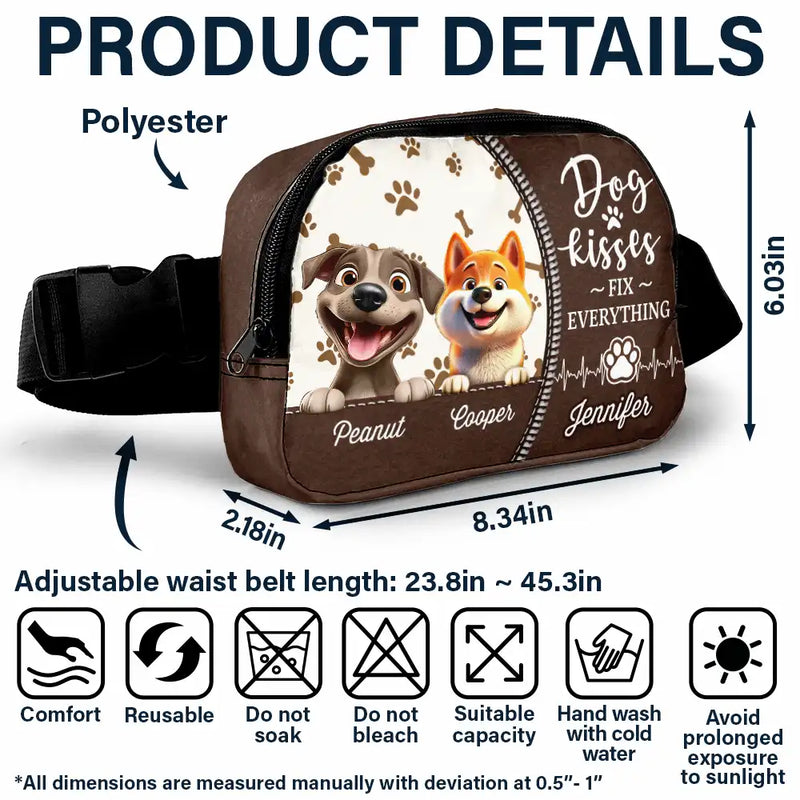 Travel,Dog Lovers,Dog Mom,Dog Dad,Happy - Dog Kisses Fix Everything - Personalized Crossbody Belt Bag