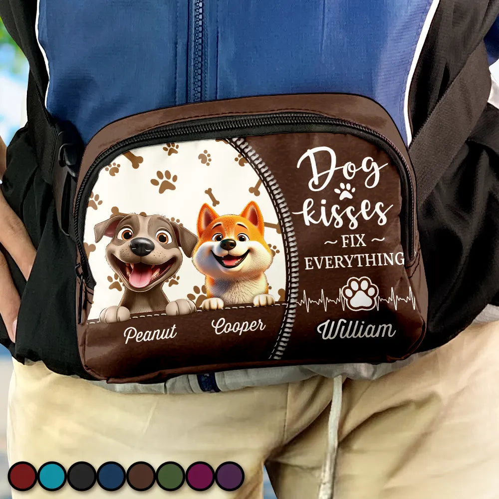 Travel,Dog Lovers,Dog Mom,Dog Dad,Happy - Dog Kisses Fix Everything - Personalized Crossbody Belt Bag