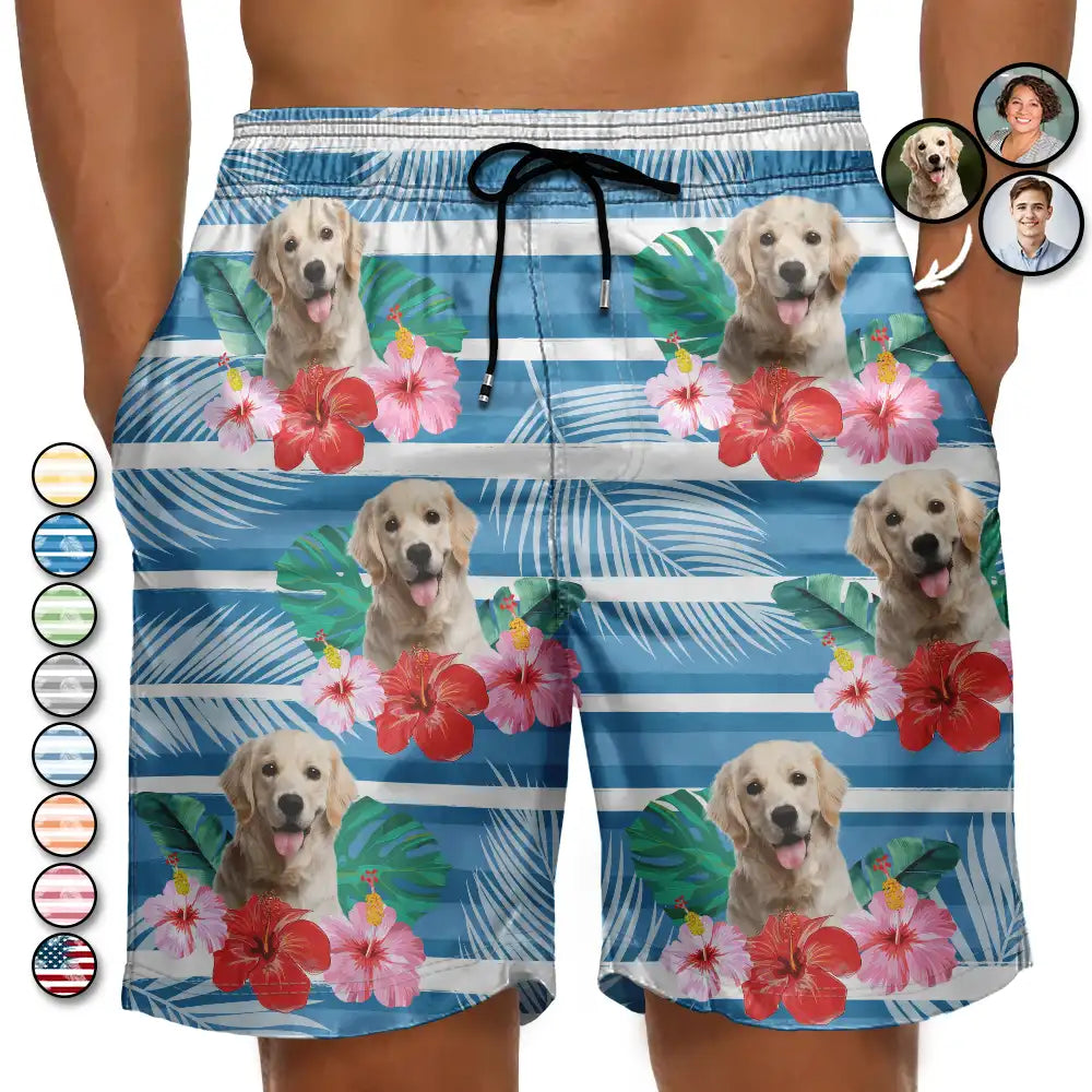 Gift For Yourself - Custom Photo Human And Pet Face Tropical Striped - Personalized Unisex Beach Shorts