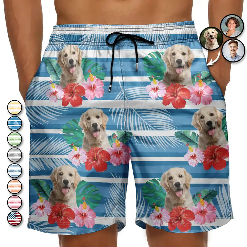 Gift For Yourself - Custom Photo Human And Pet Face Tropical Striped - Personalized Unisex Beach Shorts