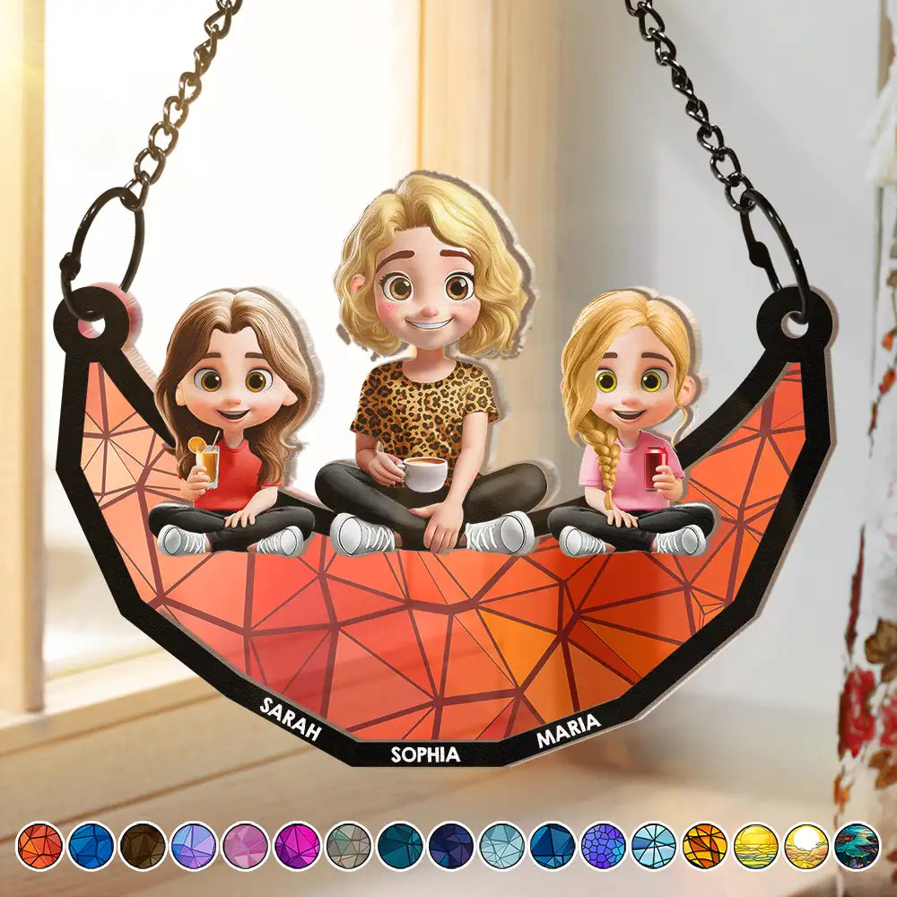 Gift For Mother,Mom,Children - Moon Young Mother Daughter Son We Love You Mom 3D Cartoon - Personalized Window Hanging Suncatcher Ornament
