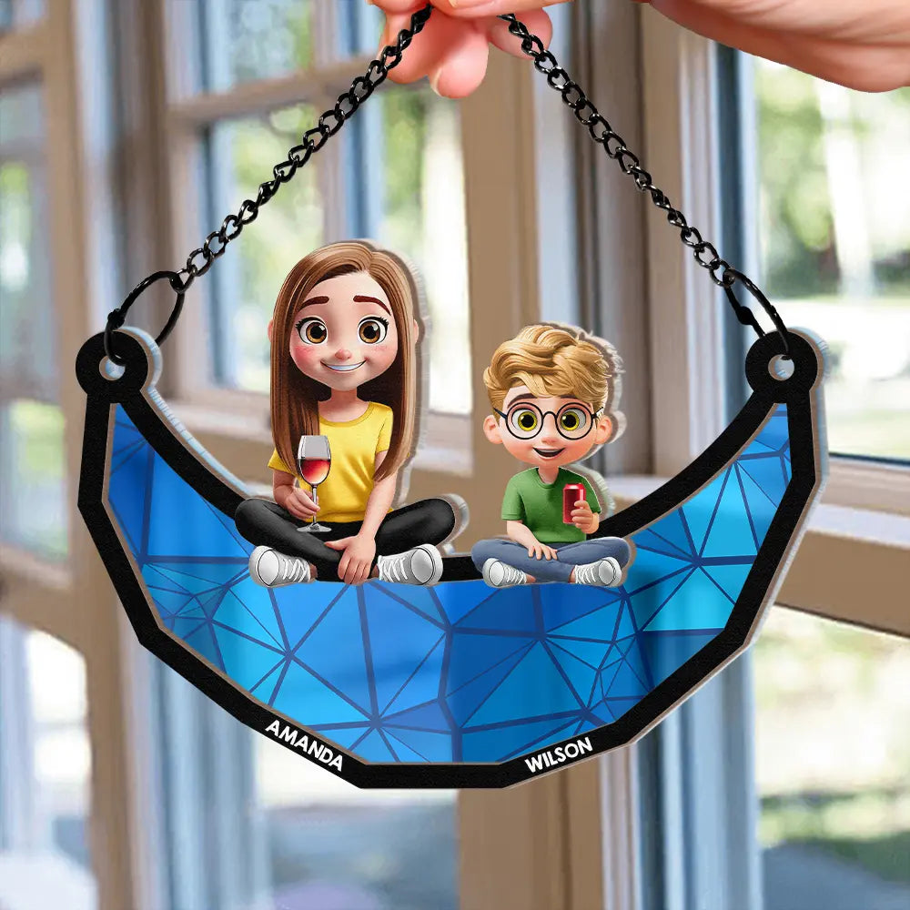 Gift For Mother,Mom,Children - Moon Young Mother Daughter Son We Love You Mom 3D Cartoon - Personalized Window Hanging Suncatcher Ornament
