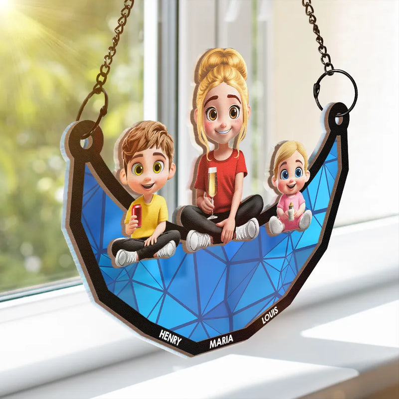 Gift For Mother,Mom,Children - Moon Young Mother Daughter Son We Love You Mom 3D Cartoon - Personalized Window Hanging Suncatcher Ornament
