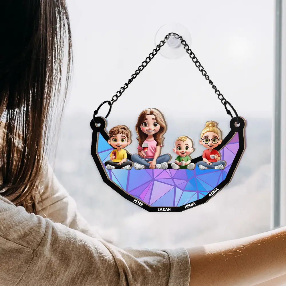 Gift For Mother,Mom,Children - Moon Young Mother Daughter Son We Love You Mom 3D Cartoon - Personalized Window Hanging Suncatcher Ornament
