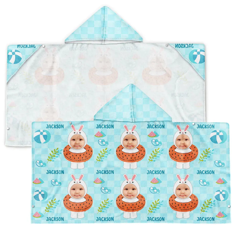 Gift For Kids,Poolside,Travel,Summer,Happy,Swimming,Gift For Daughter,Gift For Son - Custom Photo Summer Fun Kid's Animal Cosplay With Float Ring - Personalized Hooded Beach Towel