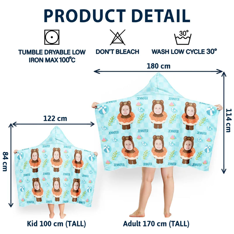 Gift For Kids,Poolside,Travel,Summer,Happy,Swimming,Gift For Daughter,Gift For Son - Custom Photo Summer Fun Kid's Animal Cosplay With Float Ring - Personalized Hooded Beach Towel