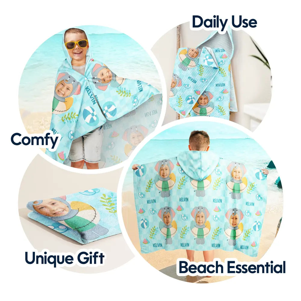 Gift For Kids,Poolside,Travel,Summer,Happy,Swimming,Gift For Daughter,Gift For Son - Custom Photo Summer Fun Kid's Animal Cosplay With Float Ring - Personalized Hooded Beach Towel