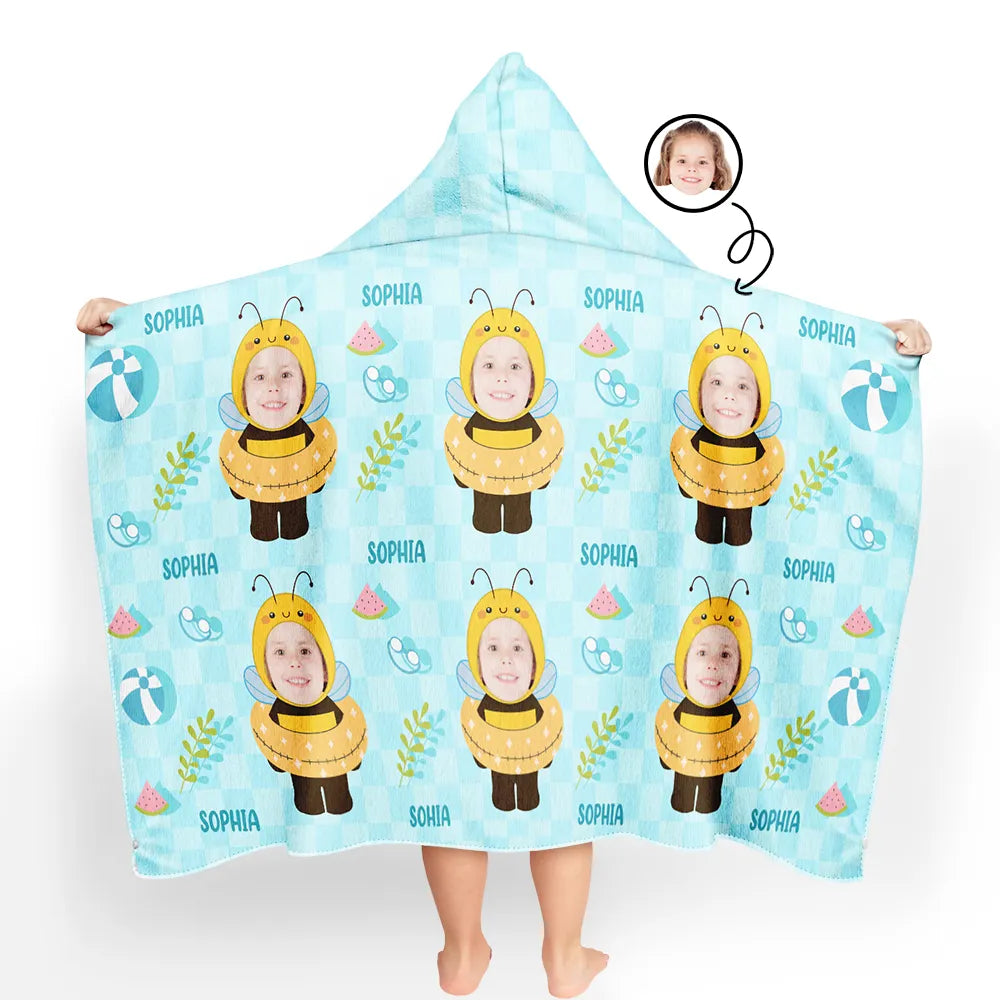Gift For Kids,Poolside,Travel,Summer,Happy,Swimming,Gift For Daughter,Gift For Son - Custom Photo Summer Fun Kid's Animal Cosplay With Float Ring - Personalized Hooded Beach Towel