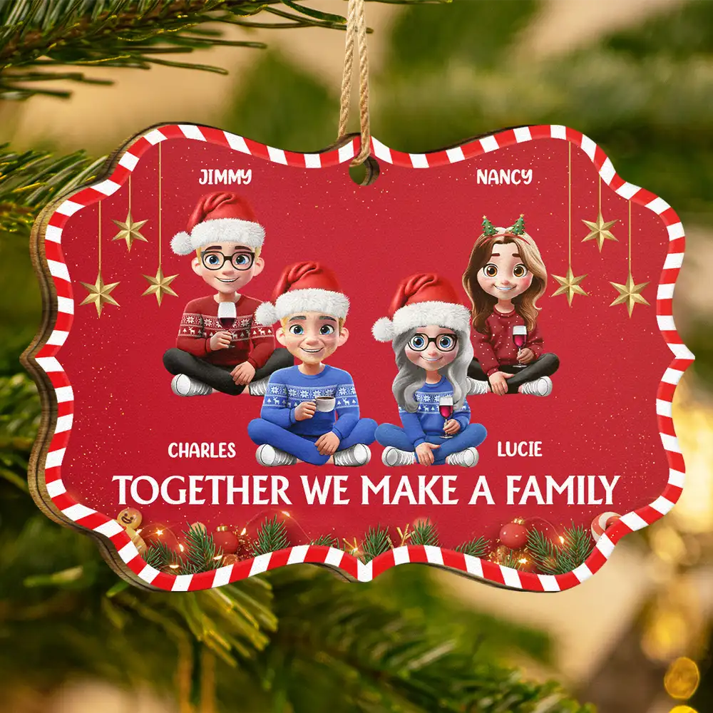 Family,Gift For Women,Gift For Men,Gift For Wife,Gift For Husband,Gift For Grandpa,Gift For Grandma,Gift For Daughter,Gift For Son,Gift For Grandparents,Gift For Grandkids,Christmas,Happy - Together We Make A Family 3D Effect Christmas - Personalized Medallion Wooden Ornament
