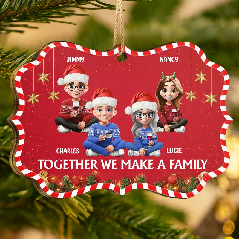 Family,Gift For Women,Gift For Men,Gift For Wife,Gift For Husband,Gift For Grandpa,Gift For Grandma,Gift For Daughter,Gift For Son,Gift For Grandparents,Gift For Grandkids,Christmas,Happy - Together We Make A Family 3D Effect Christmas - Personalized Medallion Wooden Ornament