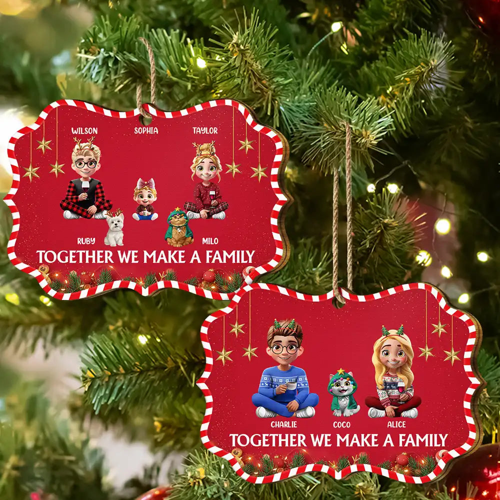 Family,Gift For Women,Gift For Men,Gift For Wife,Gift For Husband,Gift For Grandpa,Gift For Grandma,Gift For Daughter,Gift For Son,Gift For Grandparents,Gift For Grandkids,Christmas,Happy - Together We Make A Family 3D Effect Christmas - Personalized Medallion Wooden Ornament