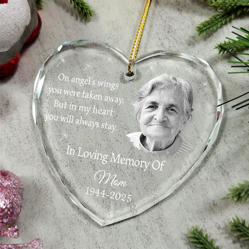 Family,Gift For Women,Gift For Men,Gift For Wife,Gift For Husband,Gift For Mother,Gift For Father,Gift For Brothers,Gift For Sisters,Gift For Son,Gift For Daughter,Custom Photo,Sad,Christmas,Memorial - Custom Photo In My Heart You Will Always Stay Memorial - Personalized Heart Shaped Glass Ornament