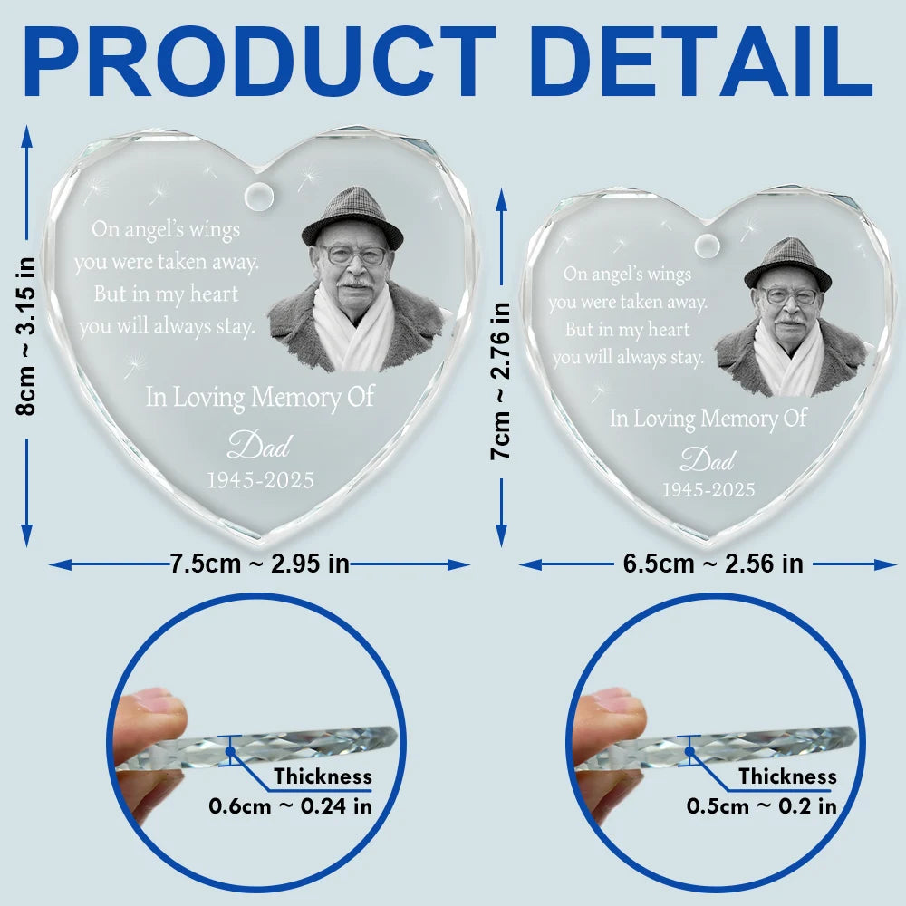 Family,Gift For Women,Gift For Men,Gift For Wife,Gift For Husband,Gift For Mother,Gift For Father,Gift For Brothers,Gift For Sisters,Gift For Son,Gift For Daughter,Custom Photo,Sad,Christmas,Memorial - Custom Photo In My Heart You Will Always Stay Memorial - Personalized Heart Shaped Glass Ornament