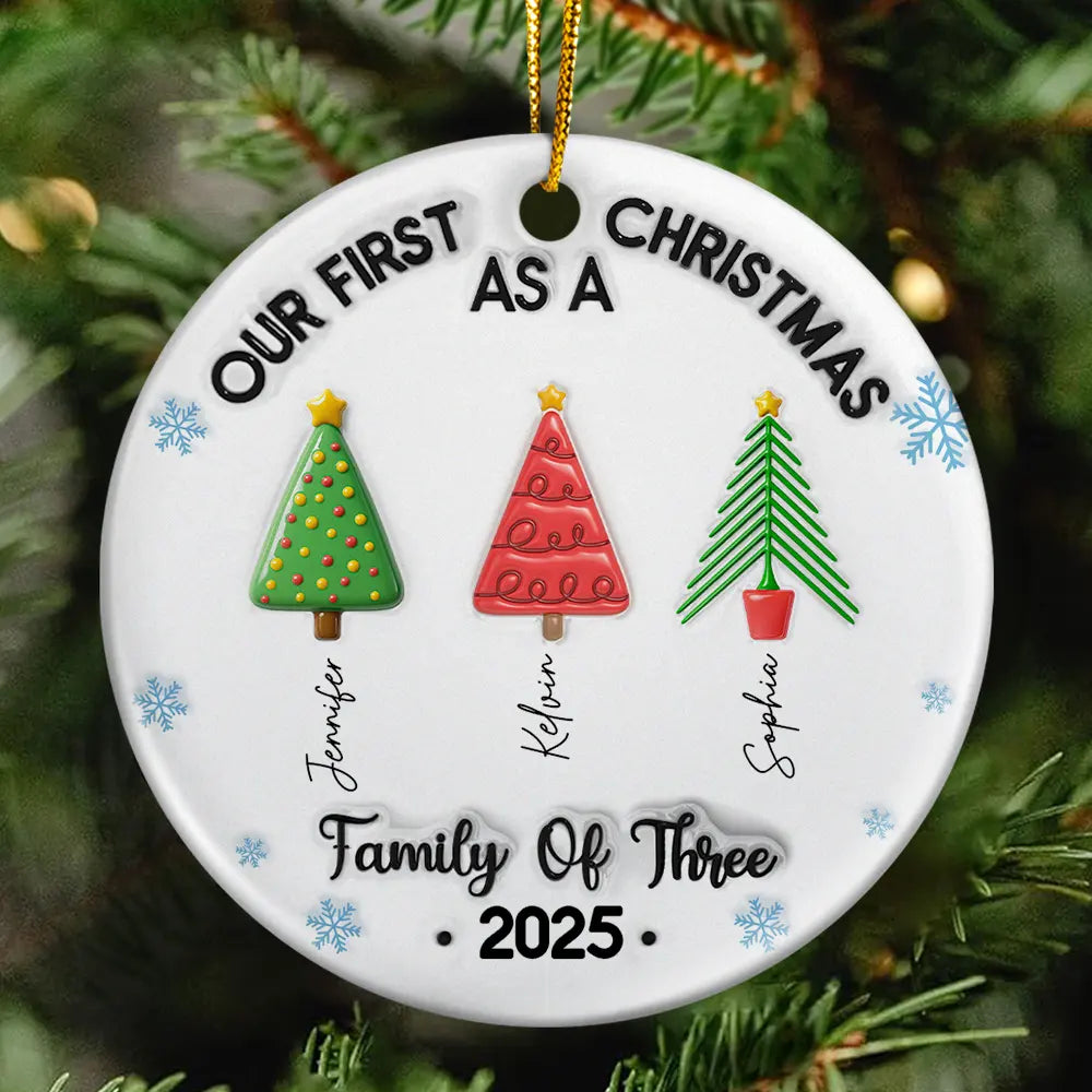 Our First Christmas Family Trees Names 3D Inflated Effect - Personalized Circle Ceramic Ornament