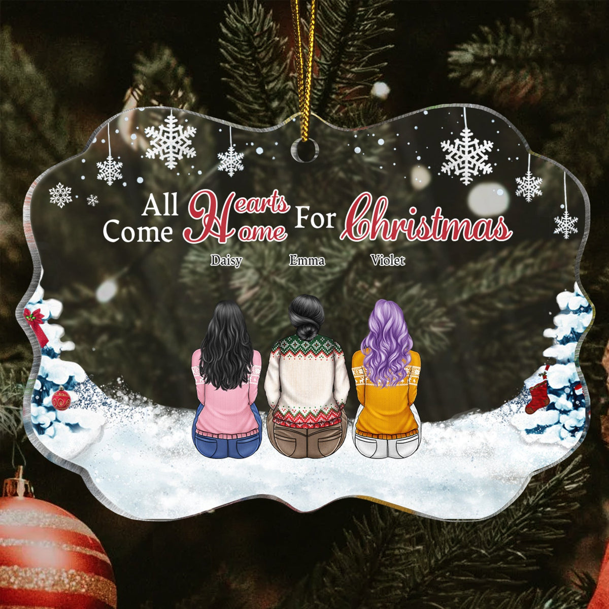 Tous les cœurs rentrent à la maison pour Noël - Noël, cadeau pour la famille - Ornement médaillon acrylique personnalisé