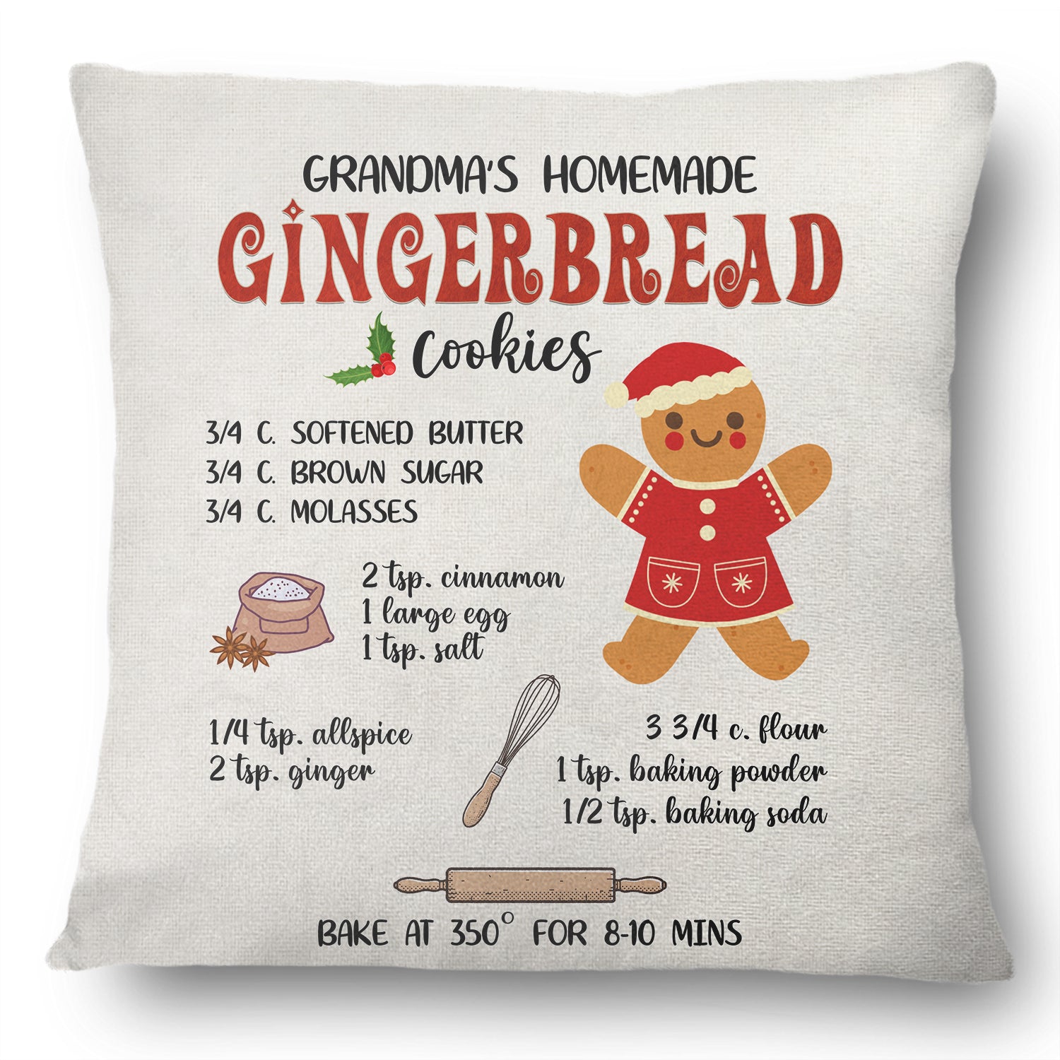 Gingerbread Cookie Recipe - Christmas, Gift For Grandma, Mom - Personalized Pillow