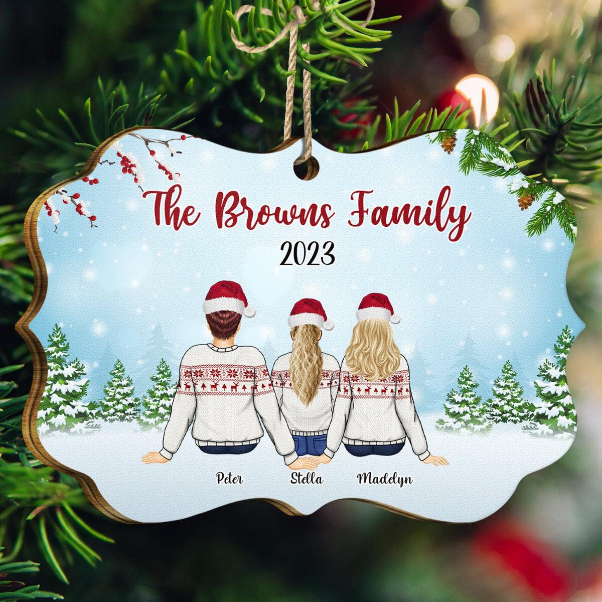 Back Family Snow - Christmas, Gift For Family - Personalized Medallion Wooden Ornament