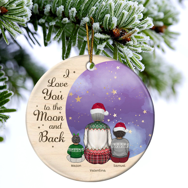 Grandma Mother I Love You To The Moon - Christmas, Gift For Granddaughter, Grandson, Kids - Personalized Circle Ceramic Ornament