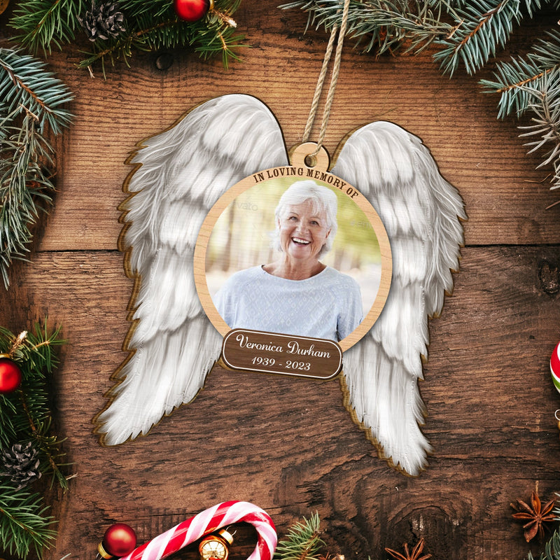Custom Photo In Loving Memory Angel Wings - Memorial Gift - Personalized Custom Shaped Wooden Ornament
