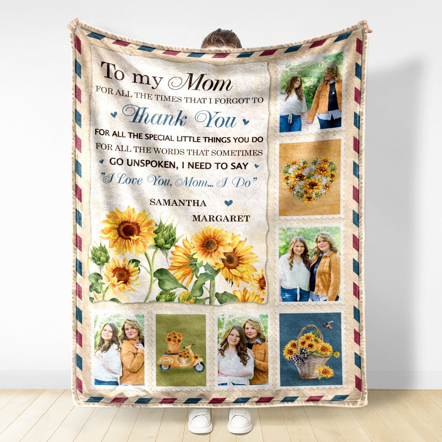 To My Mom Fleece Blanket Mama Bear Sunflower Great Customized