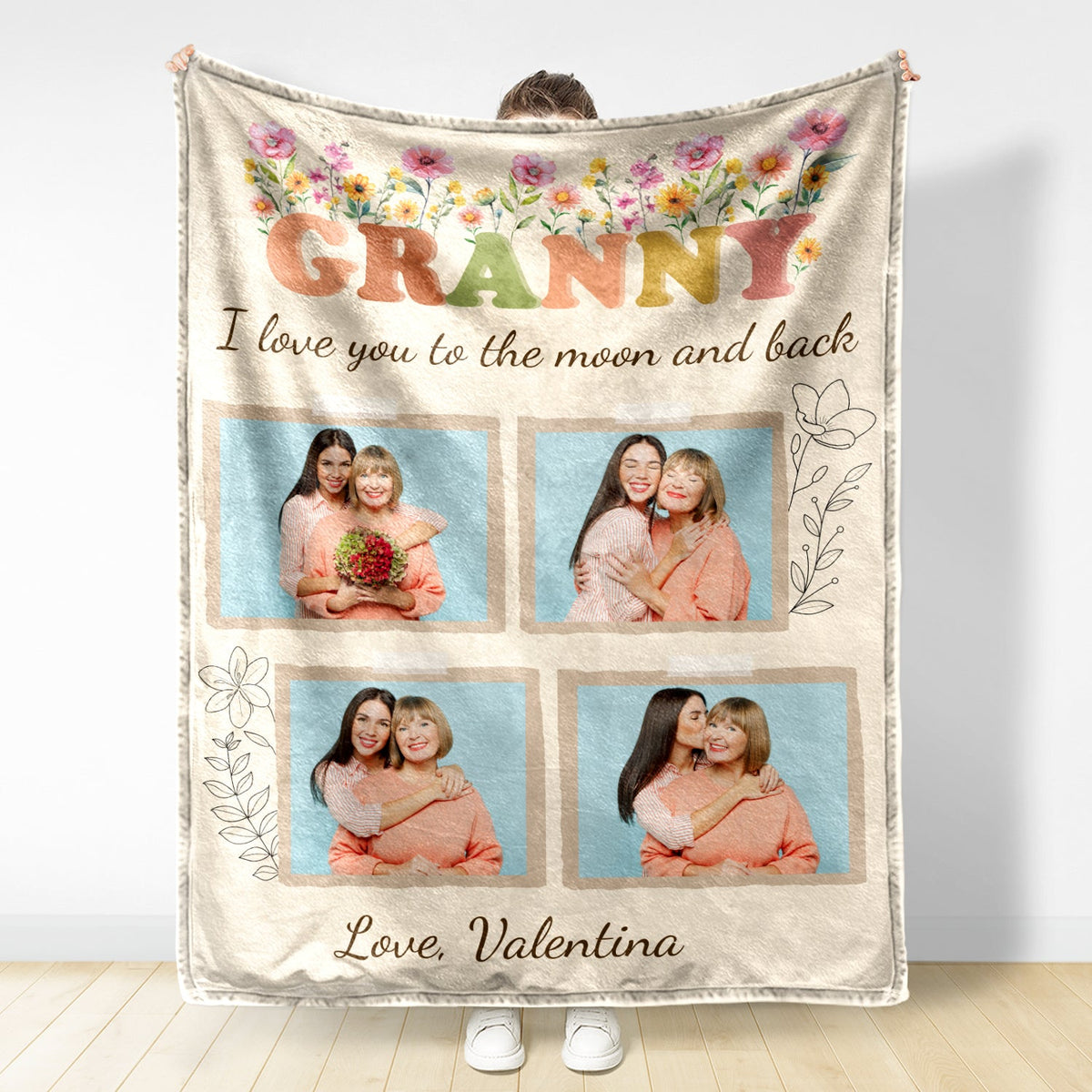Custom Photo Grandma I Love You To The Moon And Back - Gift For Grandma - Personalized Fleece Blanket