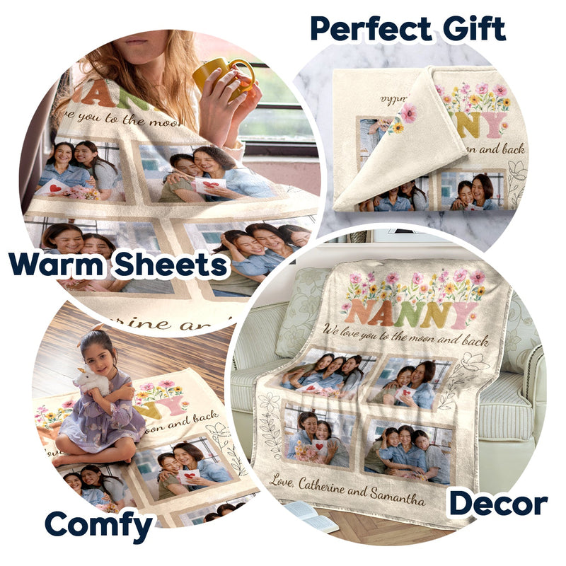 Custom Photo Grandma I Love You To The Moon And Back - Gift For Grandma - Personalized Fleece Blanket