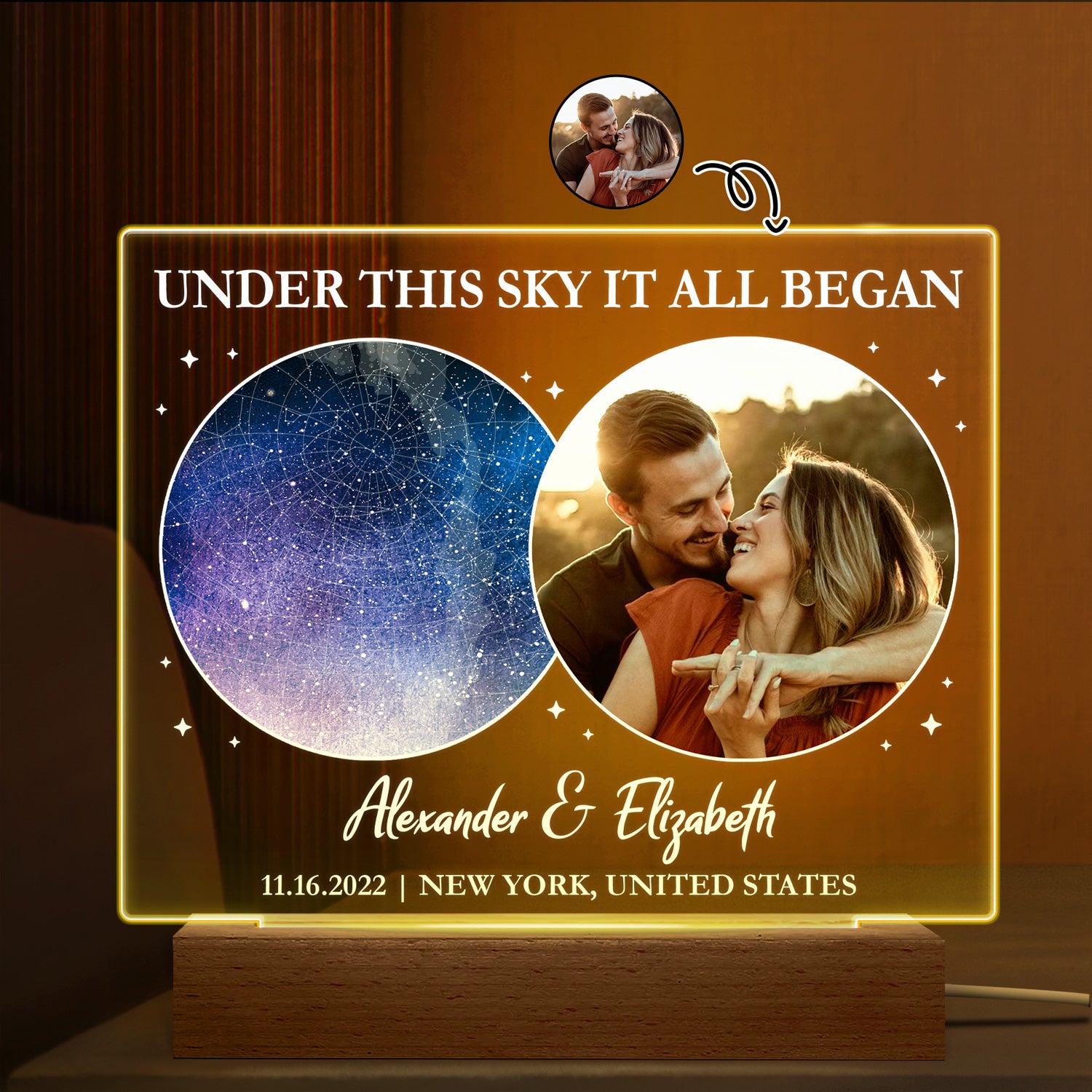 Star Map Custom Photo Under This Sky It All Began - Gift For Couples - Personalized 3D Led Light Wooden Base
