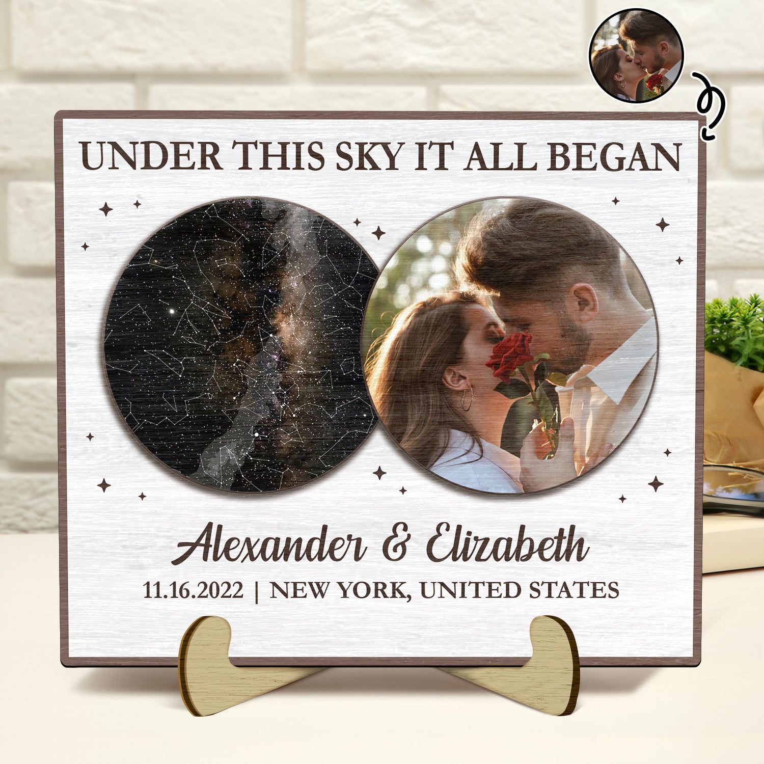 Star Map Custom Photo Under This Sky It All Began - Gift For Couples - Personalized 2-Layered Wooden Plaque With Stand